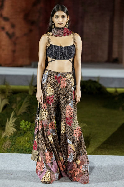 Black floral geometric embroidered sharara set