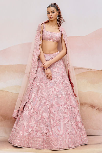 Muted pink leaf applique lehenga set