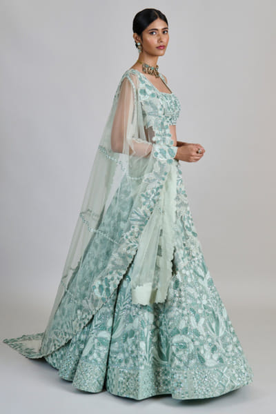 Mint green leaf embroidered lehenga set