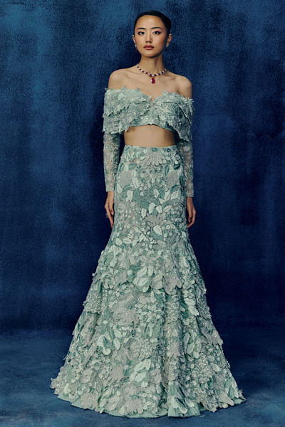 Mint embroidered and layered fishcut skirt set