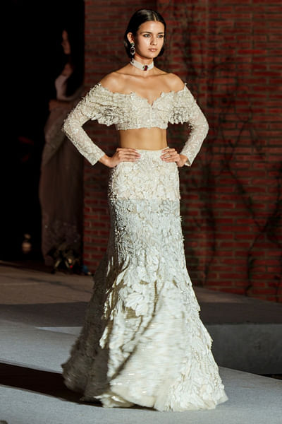 Ivory embroidered layered top and skirt set