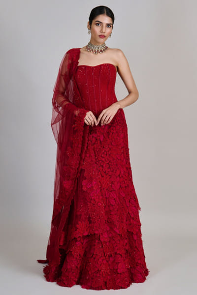 Red leaf embroidery-layer fishcut lehenga set