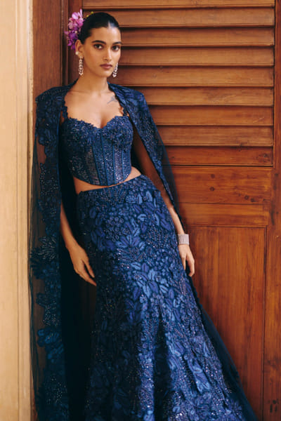 Navy embroidered skirt set