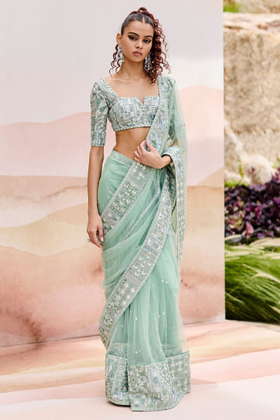 Mint geometric embroidered sari set