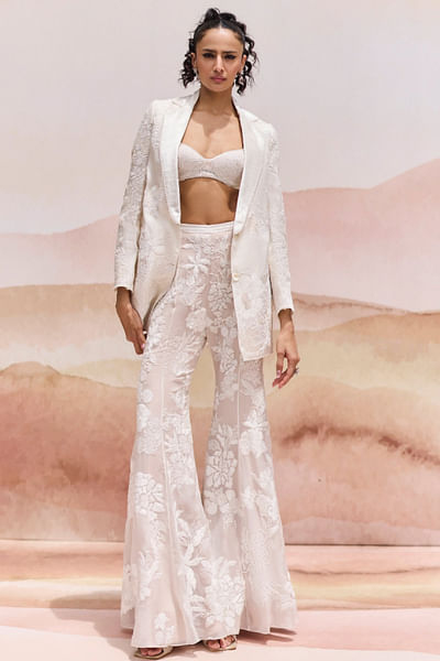 Ivory floral appliqued blazer set