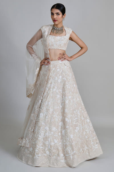 Red ruffled organza lehenga set