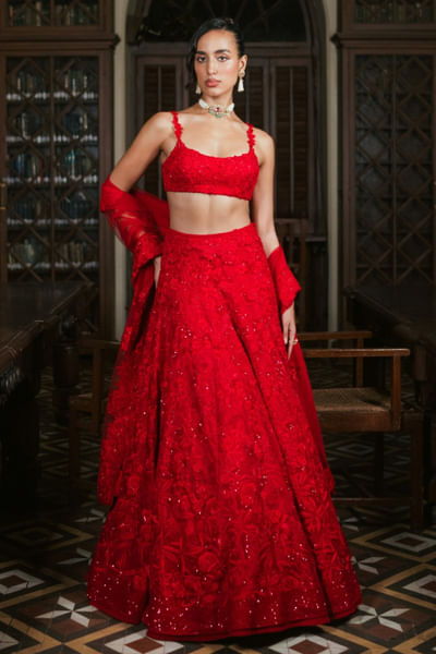 Red sequin embroidered lehenga set