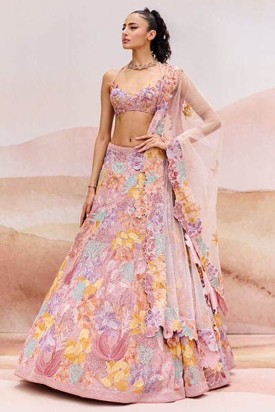 Muted pink leaf appliqued lehenga set