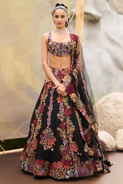 Black leaf and floral appliqued lehenga set