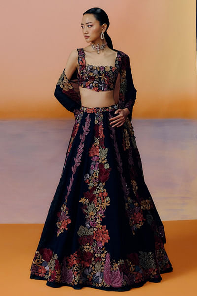 Black floral embroidered lehenga set