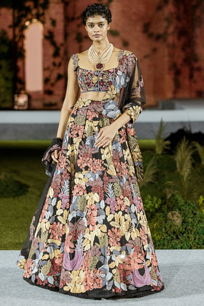 Black floral and leaf embroidered lehenga set