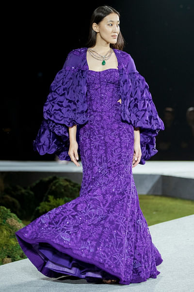 Purple floral embroidered cape and skirt set