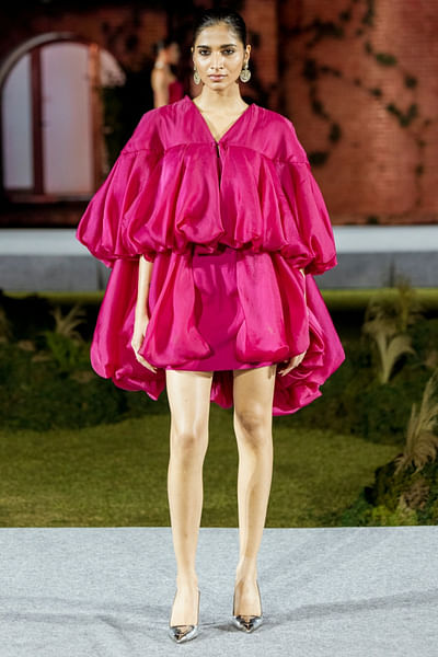 Fuchsia double-layered bubble hem dress