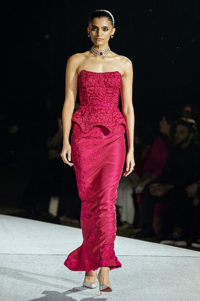 Fuchsia tonal embroidered corset and skirt set