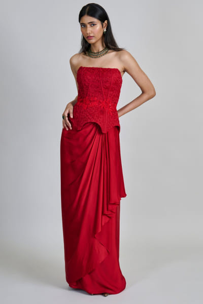 Red floral applique-smocked peplum skirt set