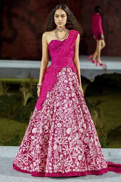 Fuchsia floral embroidered belted lehenga set