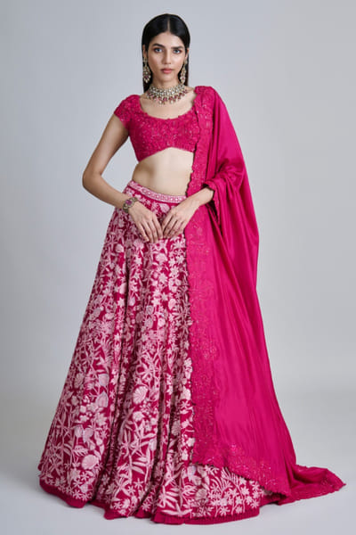 Fuchsia floral embroidered lehenga set