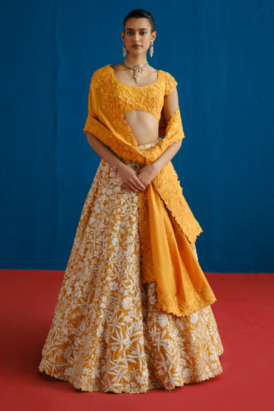 Tangerine wildflower embroidered lehenga set