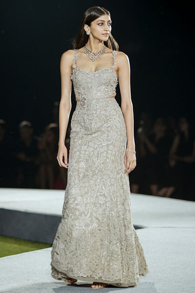 Champagne tonal floral embroidered gown