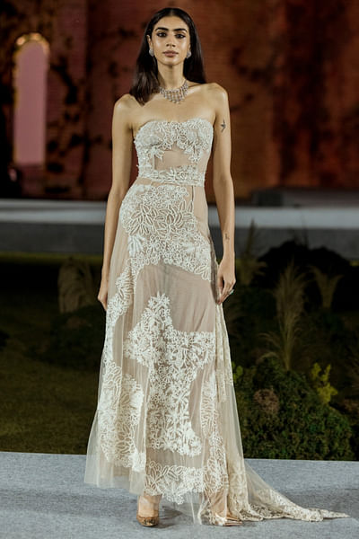 Ivory floral embroidered sheer gown
