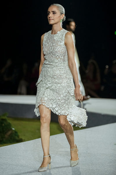 Ivory tonal floral embroidered layered dress