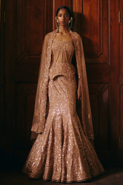 Gold floral embroidered skirt set