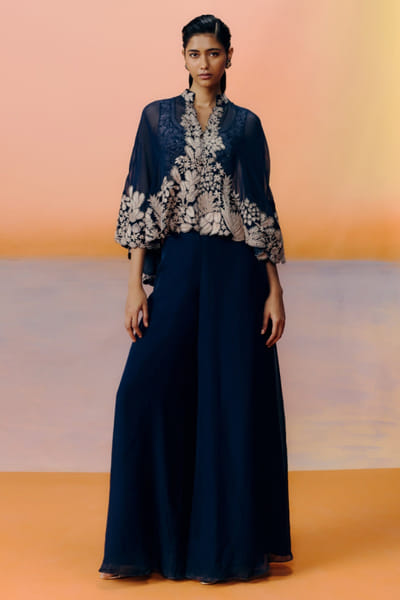 Navy blue floral embroidered cape set
