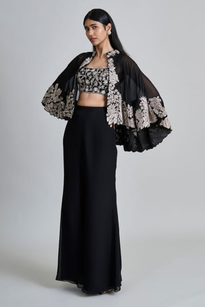 Black floral and leaf embroidered cape set