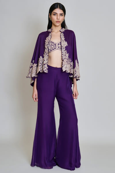 Purple floral and leaf embroidered cape set