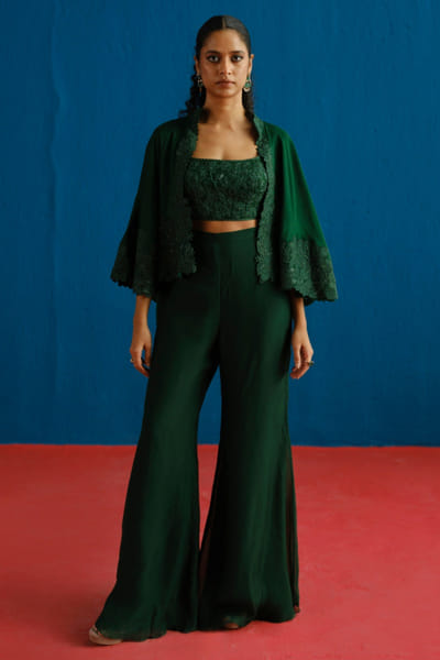 Dark green embroidered cape set