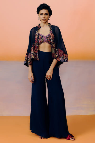 Navy blue floral embroidery cape set