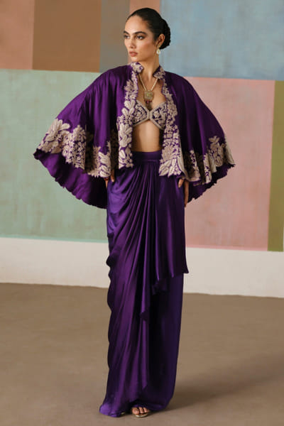 Purple embroidered cape and drape skirt set