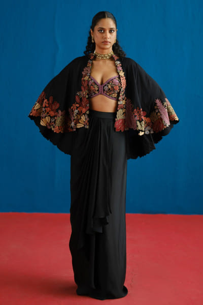 Black embroidered cape draped skirt set