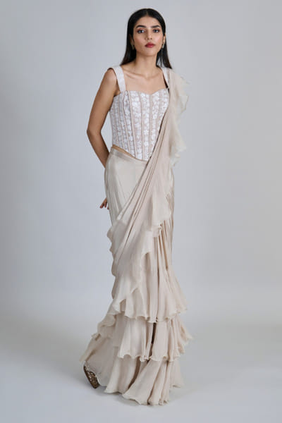 Champagne embroidery-ruffled draped sari set