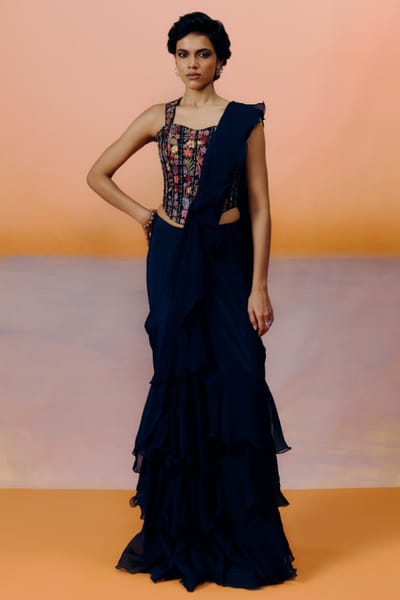Navy blue ruffled pre-draped sari set