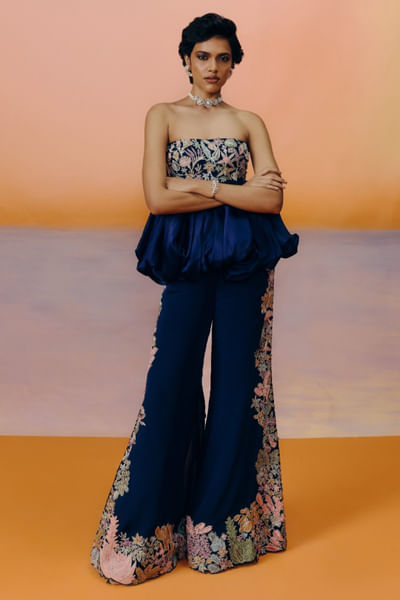 Navy blue floral appliqué-embroidery co-ords