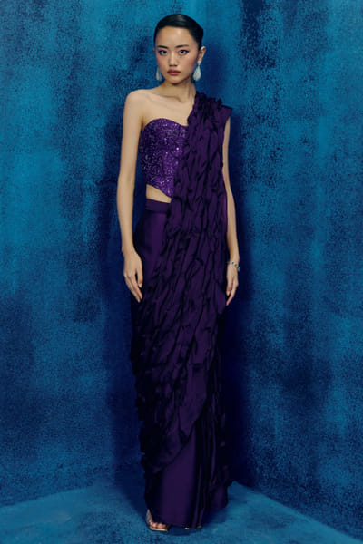 Purple smocked pre-draped sari set