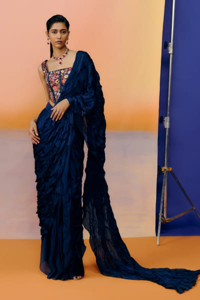 Mishru Navy blue smocked pre-draped sari set MISJUL25D232586
