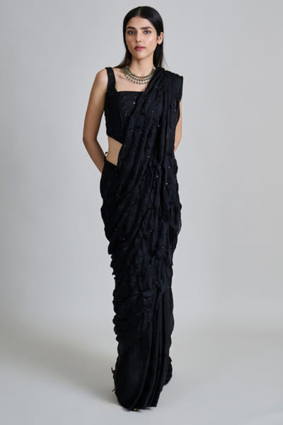 Black floral tonal embroidery smocked sari set