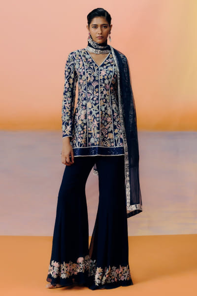 Navy blue floral embroidered kurta set