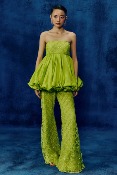 Lime embroidered bubble hem peplum co-ord set