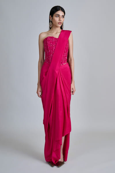 Fuchsia silk pre-draped sari set