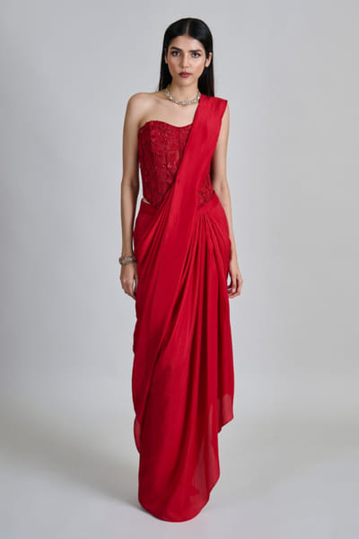 Red embroidered corset and pre-draped sari set
