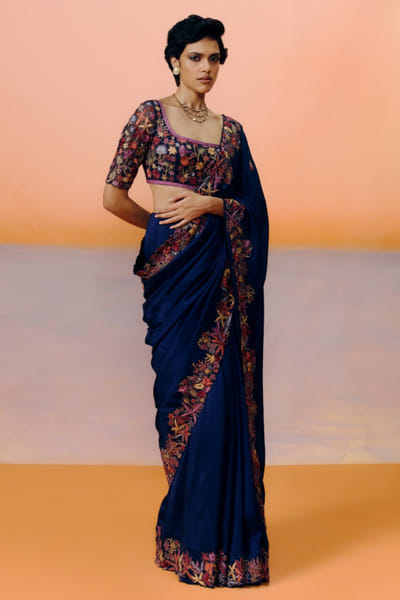 Mishru Navy blue floral embroidery sari set MISJUL25D232614