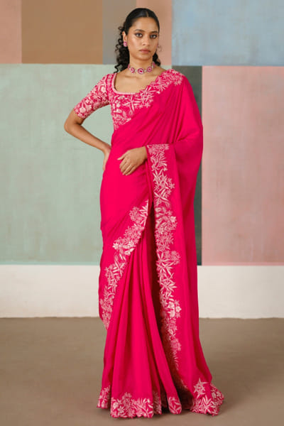 Fuchsia embroidered sari set