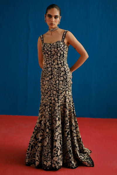 Black embroidered fishtail gown