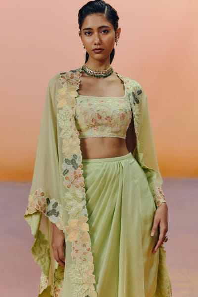 Sea green embroidered cape and drape skirt set