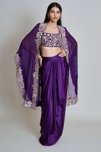 Purple embroidered cape pre-draped skirt set
