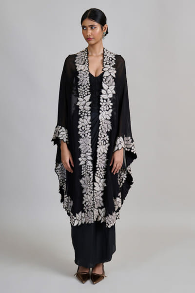 Black leaf embroidered cape-draped skirt set