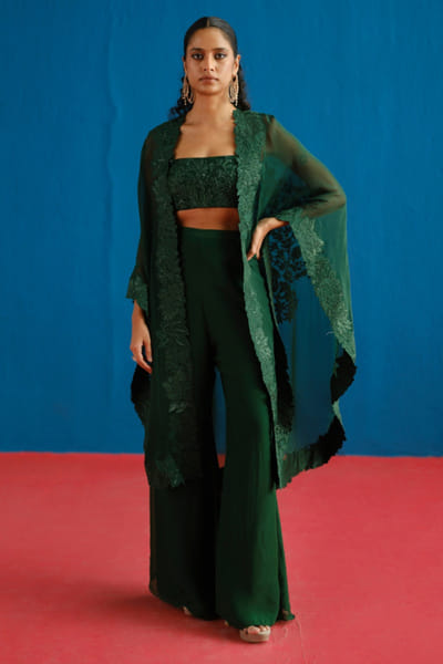 Dark green embroidered cape co-ord set